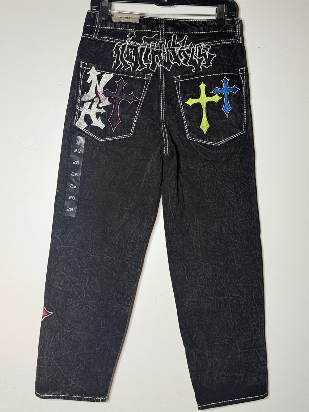 Ninth Hall Black 100% Cotton Multicolor Cross Embroidered Jeans Size 28 NWT
